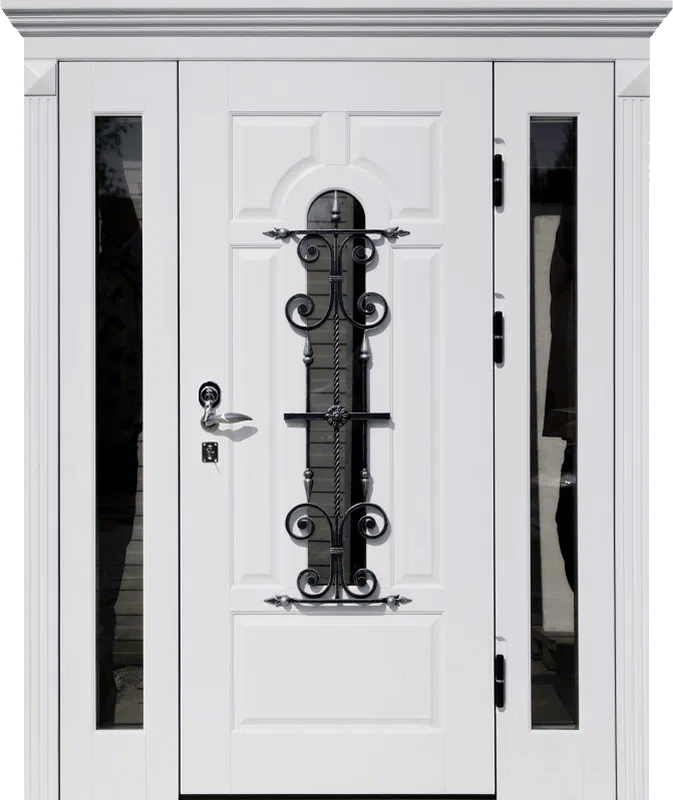 Дверь двухстворчатая металлическая с ковкой и стеклом ЛД-836 фурнитура на выбор